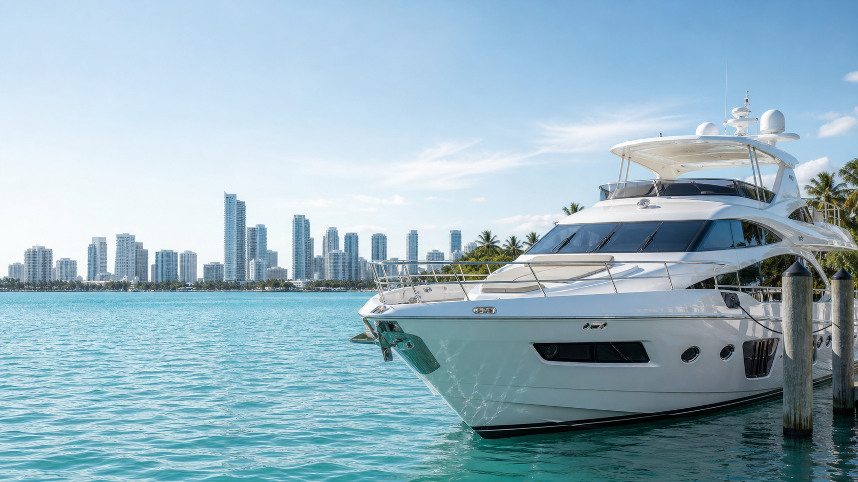 Luxury yacht docked beside the Miami skyline